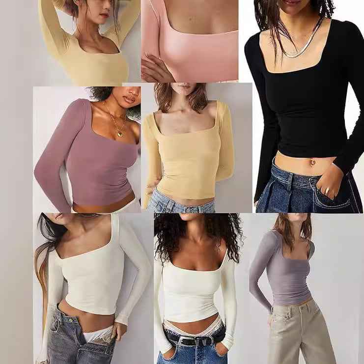 Square Neck Milk Silk Long Sleeve Top – Slim Fit Crop