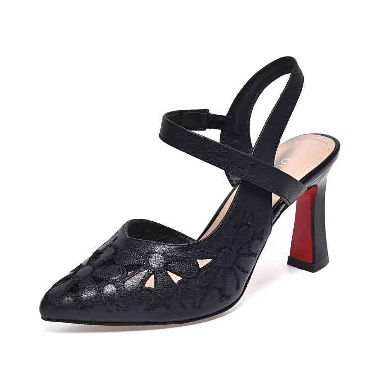 Women's Pointed-Toe Heeled Sandals — Back-Cutout Soft Leather