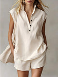 Solid Colour Sleeveless Cardigan & Wide-Leg Pants Set