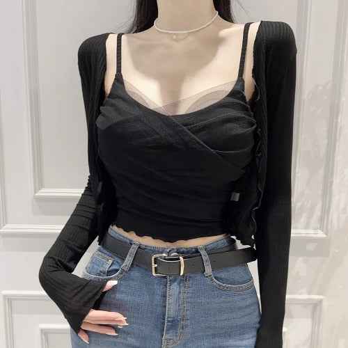 Women's Mesh-Panel Crop Top – A-Line Cotton Blend, One Size