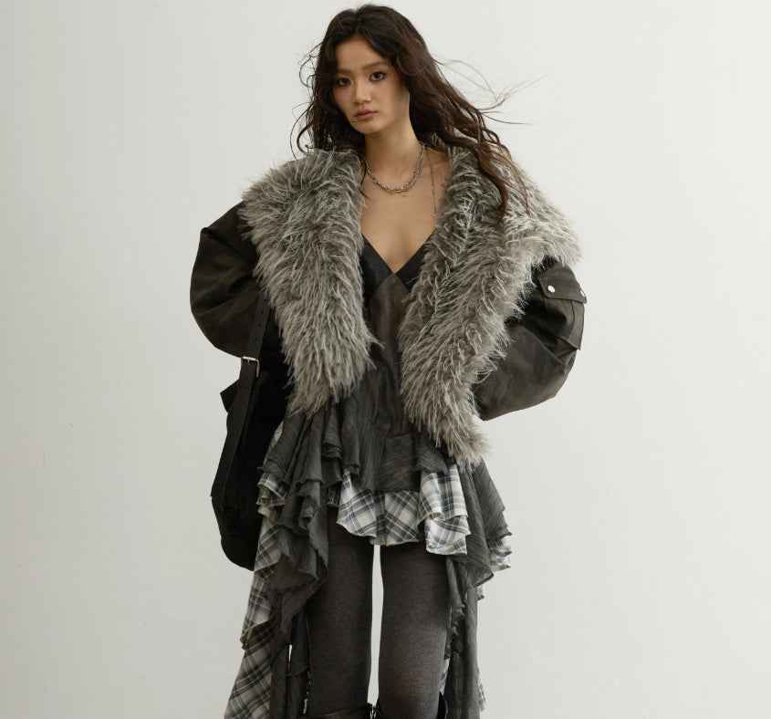 Hooded Aviator Jacket – Fur Collar, High Waist, Short