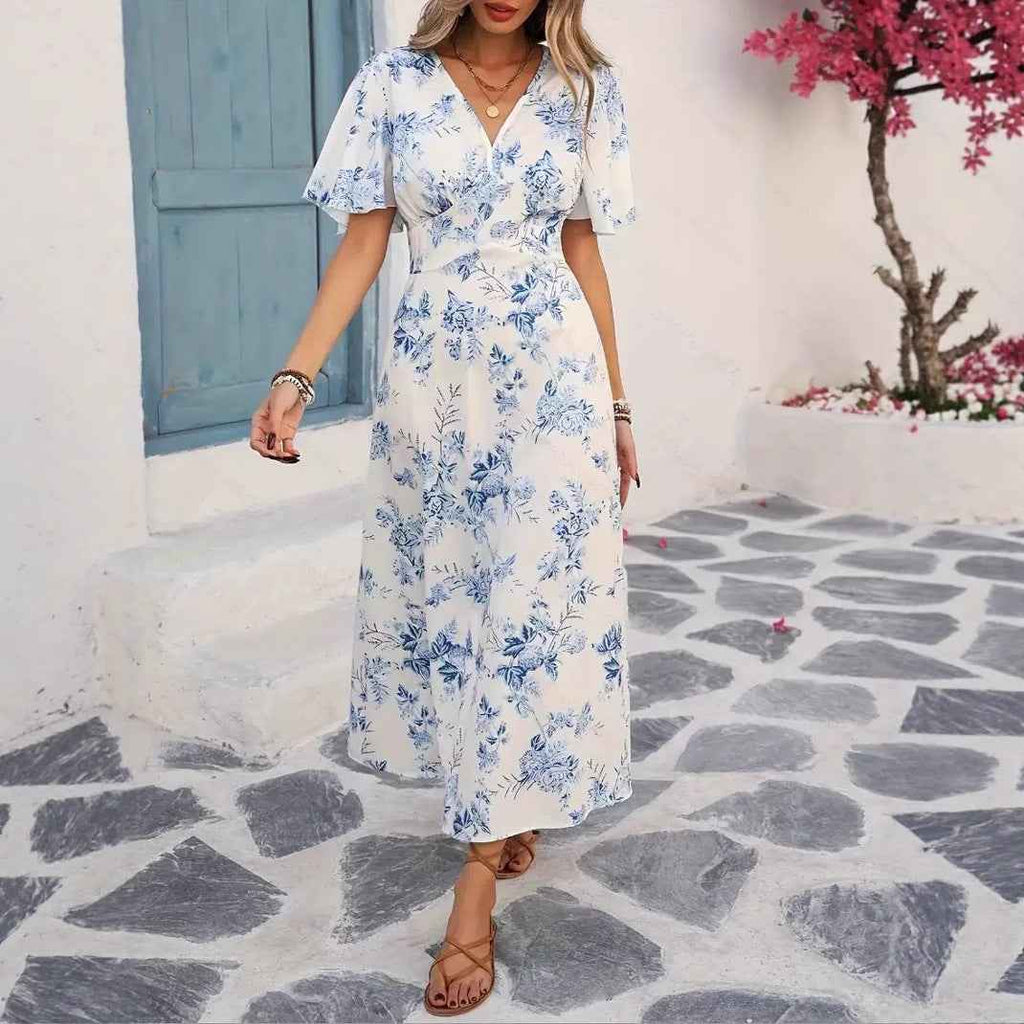 Floral Print Short-Sleeve Maxi Dress — High-Waist Beach Dress
