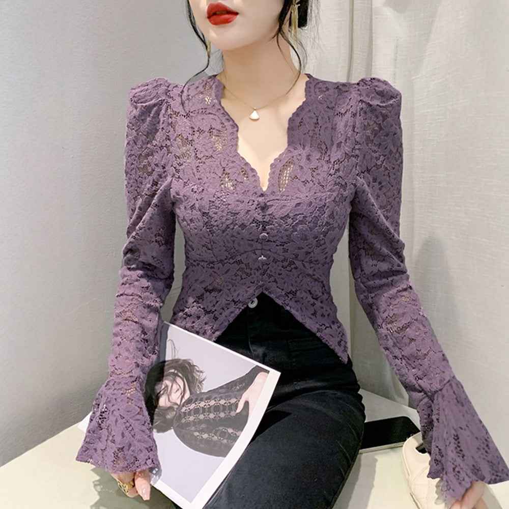 Floral Lace Slim-Fit Long-Sleeve Top