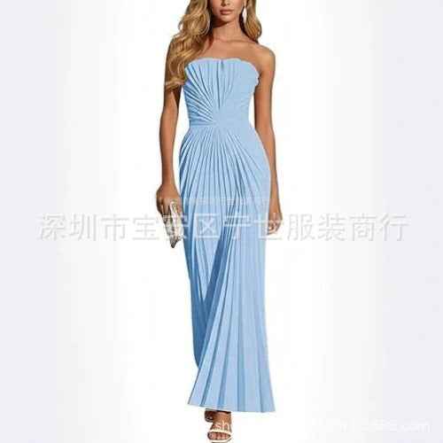 New European And American style Strapless Pleated Figure-flattering Dress