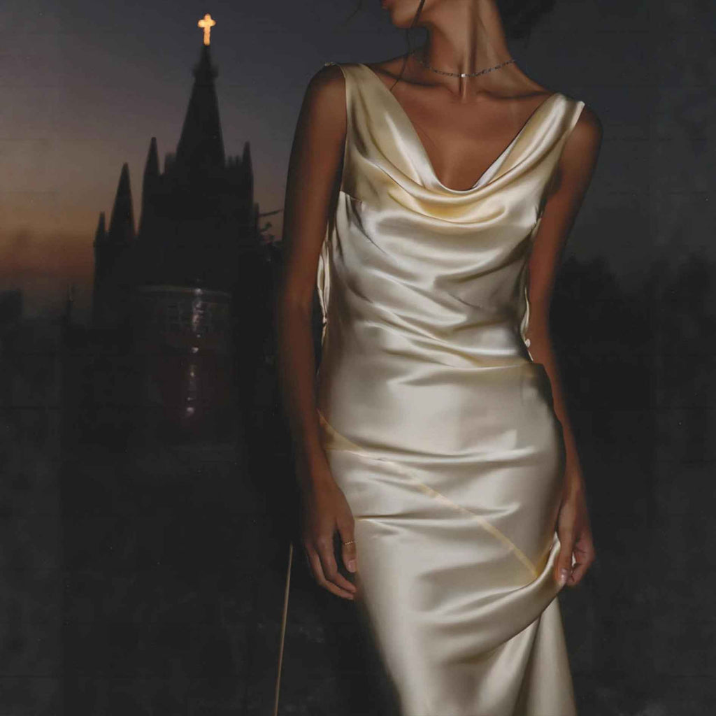 Spaghetti-Strap Open-Back Tie-Detail High-Waist A-Line Satin Maxi Dress