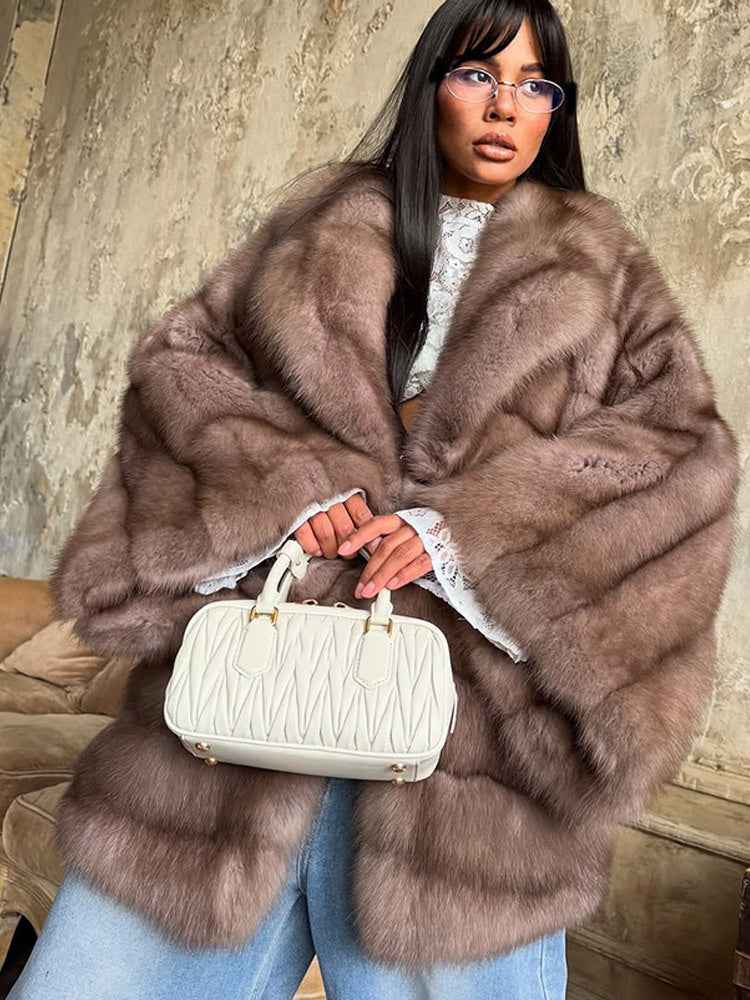 Elegant Color-blocked Fur Coat With A Lapel And Long Sleeves