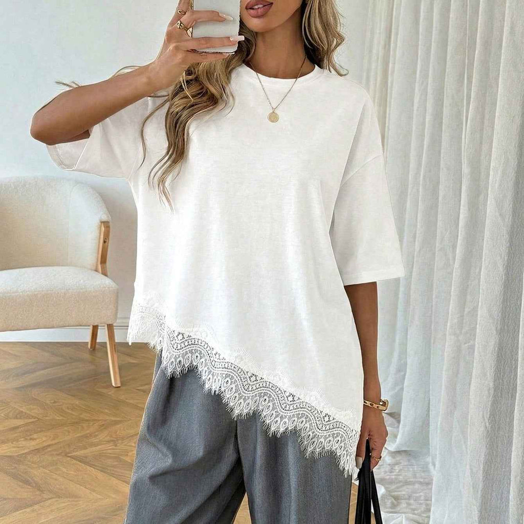 Lace-Trim Top — Slanted Hem, 3/4 Sleeve Minimalist Style