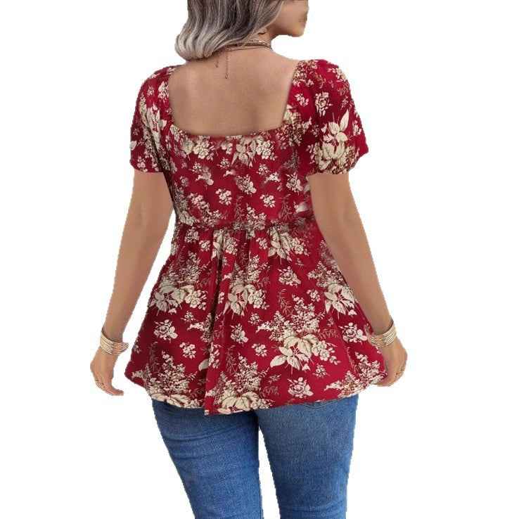 Womens Casual Short Square-neck Floral Top