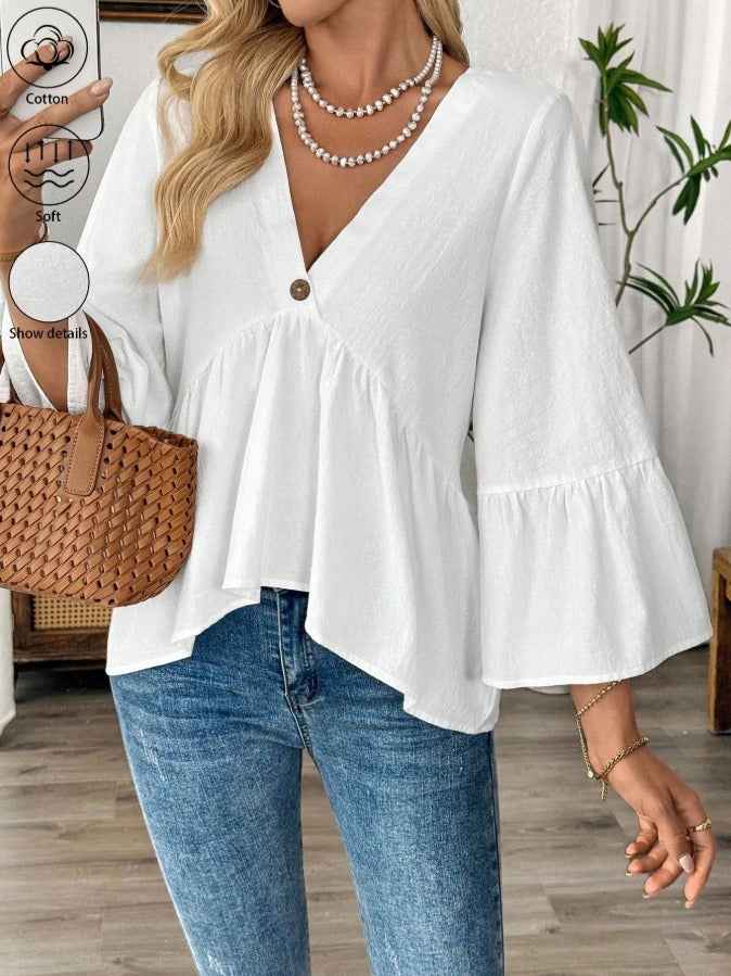 New Arrival Women's Solid Color V-Neck Ruffle Sleeve Blouse, Loose Elegant Casual Tops
