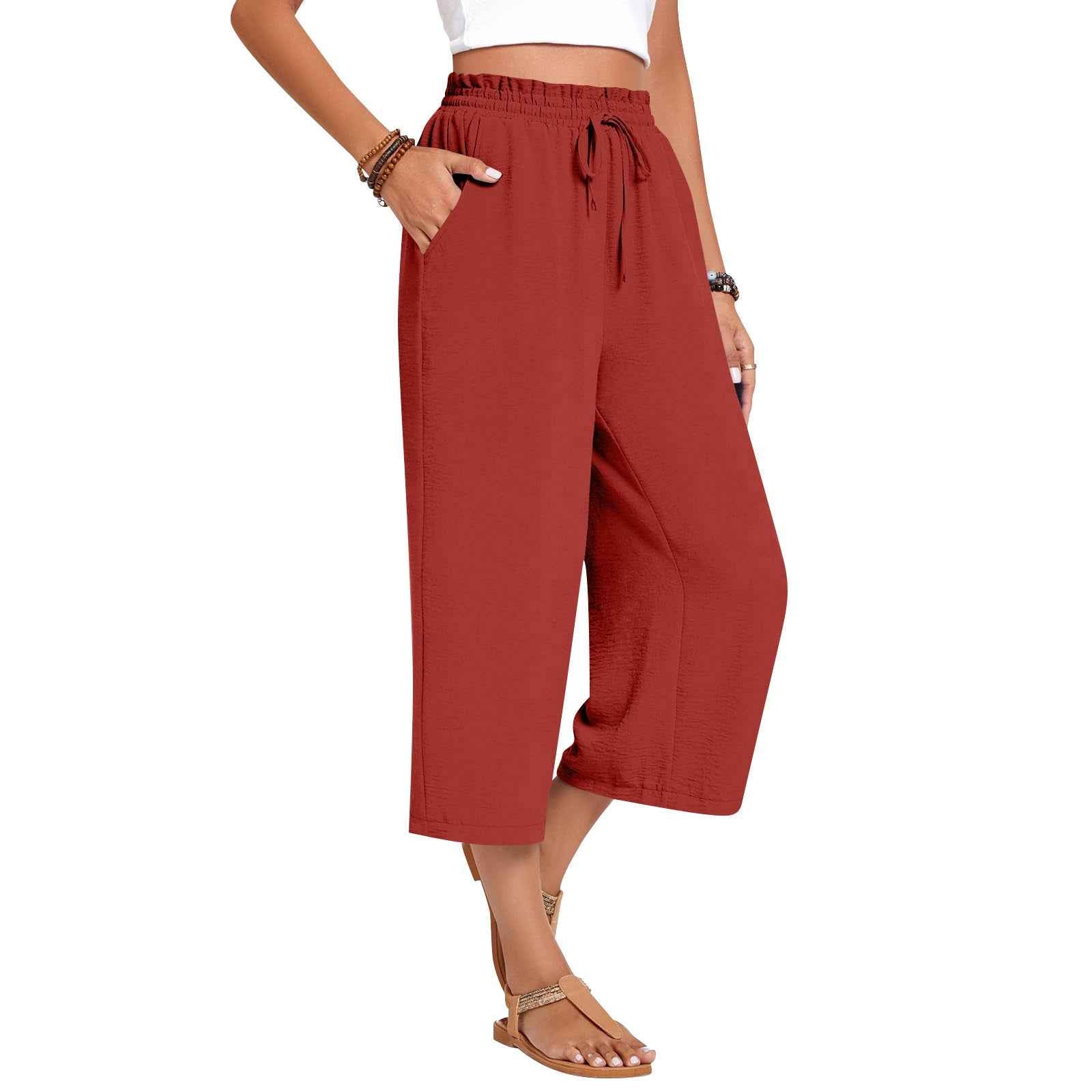 Women's Wide-Leg Cropped Pants – Elastic Waist, Cotton Linen