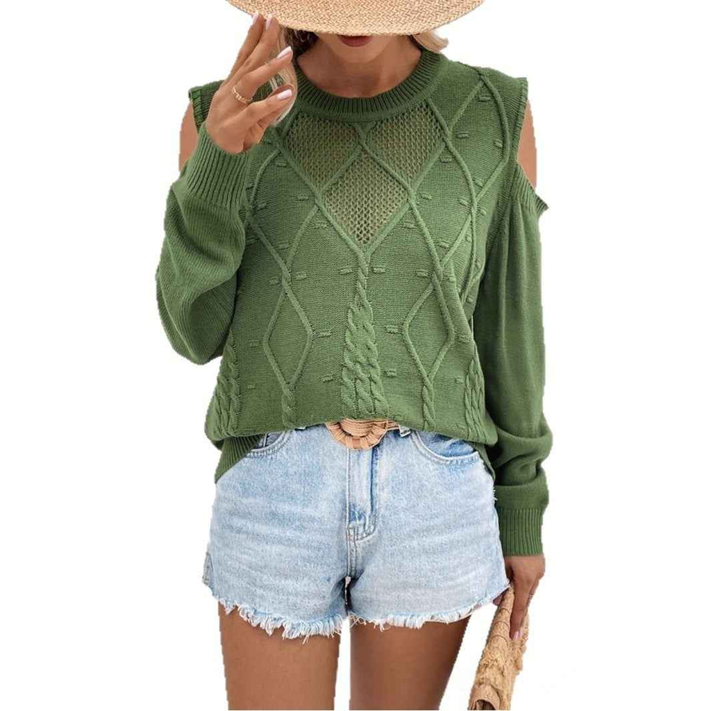 Off-Shoulder Knit Sweater – Hollow-Out Long Sleeve Pullover
