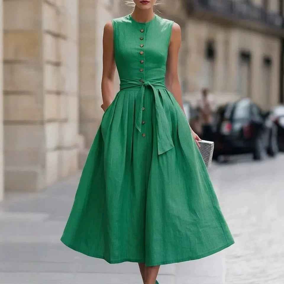 Sleeveless Off-Shoulder Pleated Flared Hem Linen Maxi Dress
