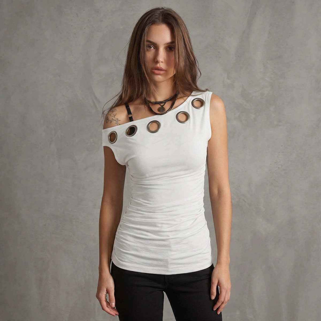 Hollow-out Pleated Solid-color Off-shoulder T-shirt Top