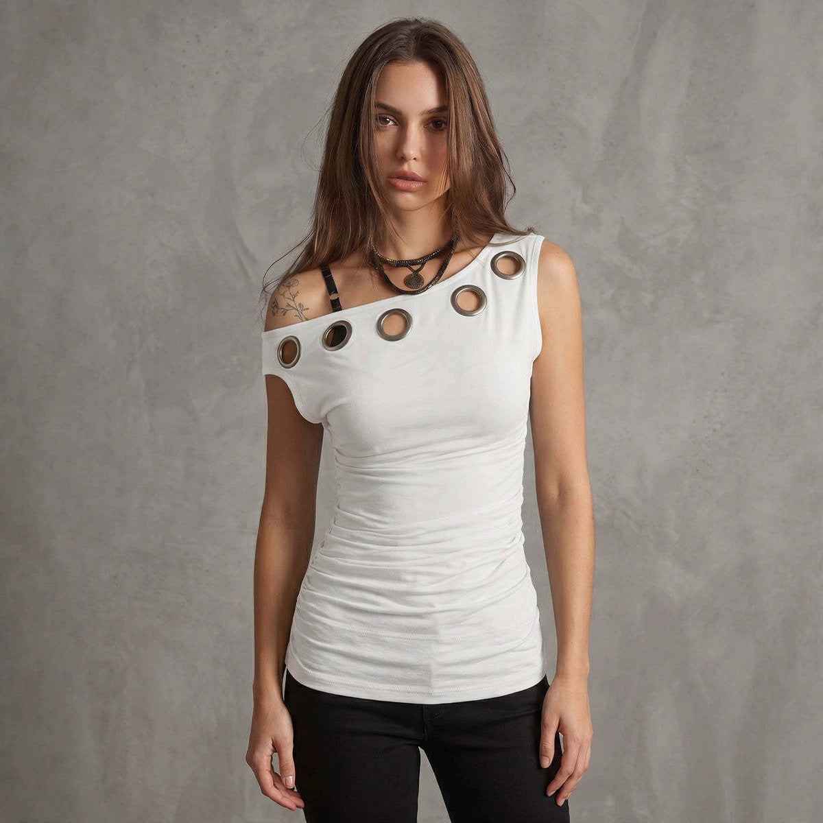 Hollow-out Pleated Solid-color Off-shoulder T-shirt Top