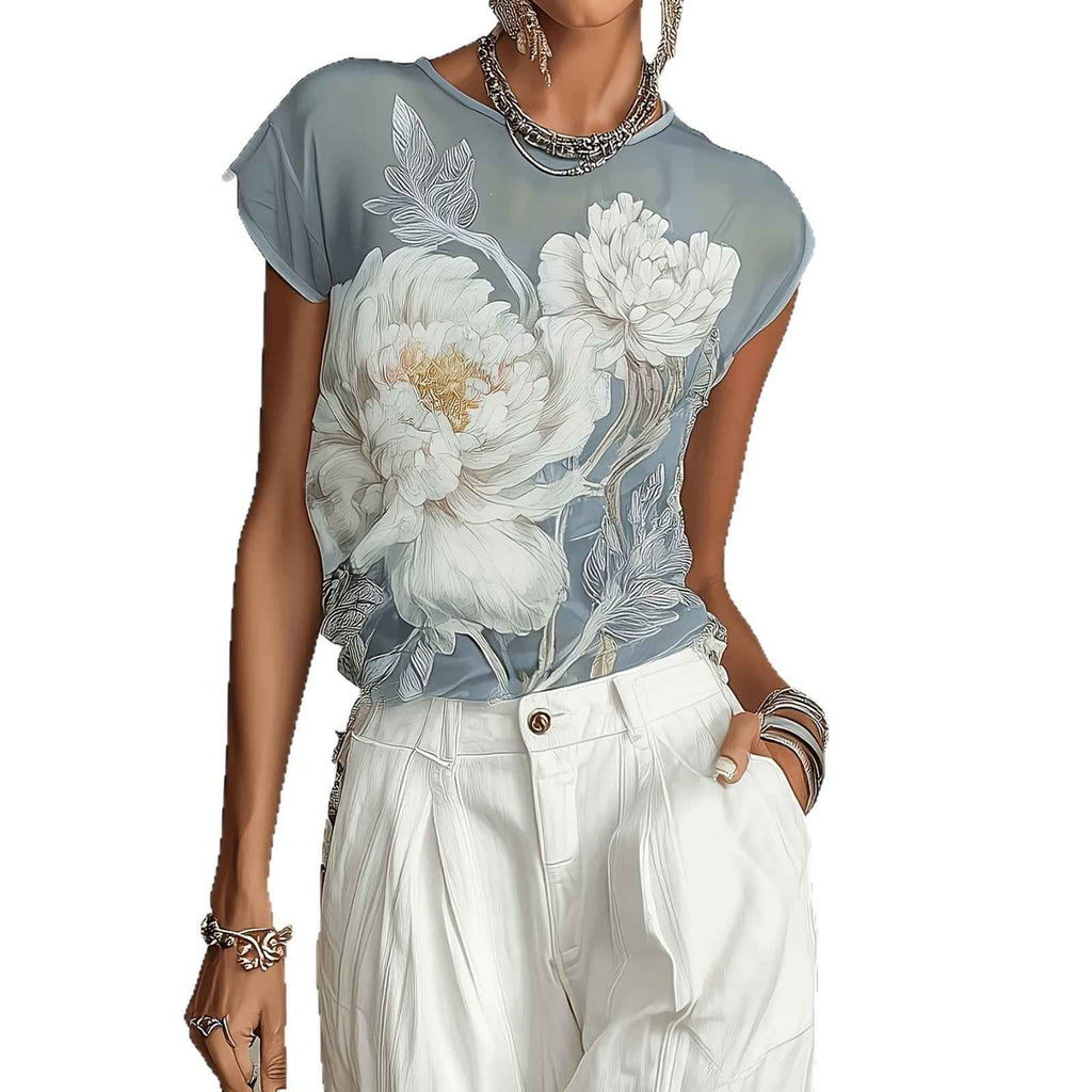 Printed Mesh Short Sleeve Pullover Top