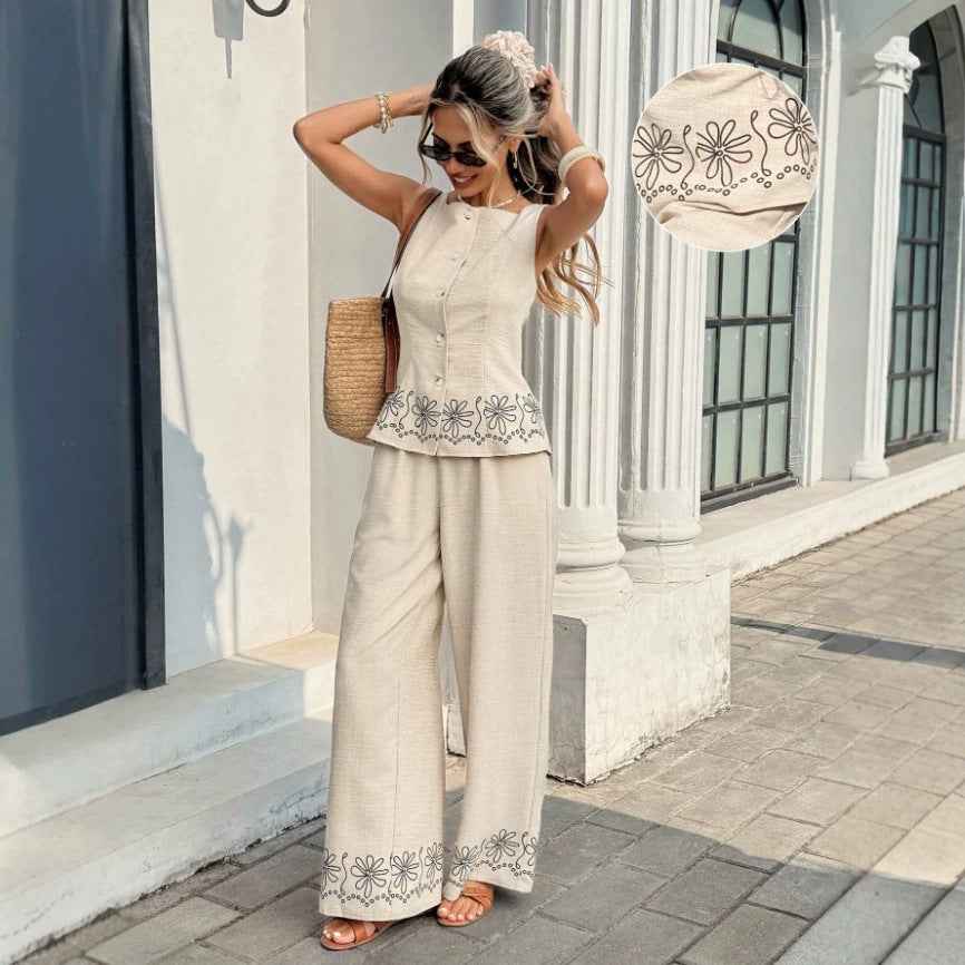 Solid-Color Sleeveless Vest & Wide-Leg Pants – Women’s Summer Two-Piece