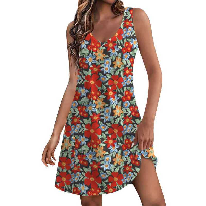 Sleeveless Loose-Fit Printed V-Neck Casual Dress