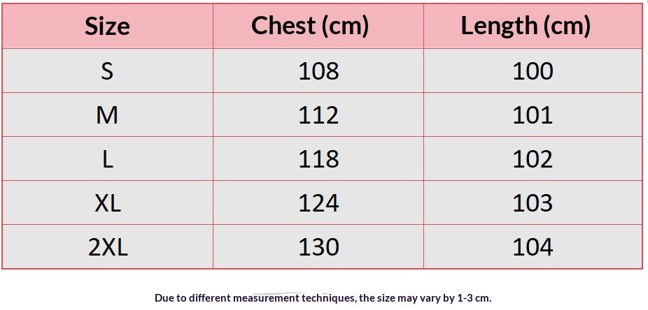 Women's Long Hooded Coat - S to 2XL chest and coat length size chart