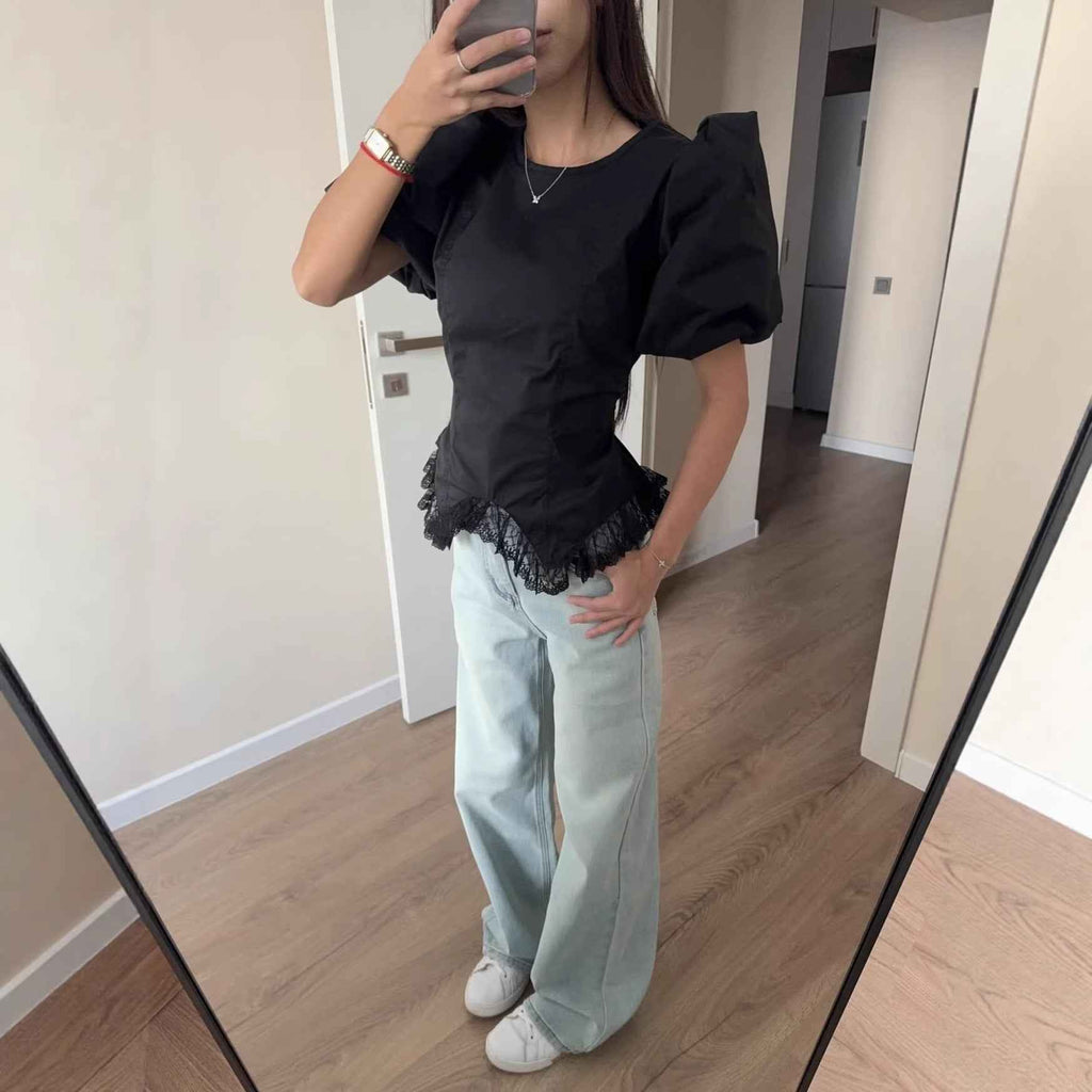 Puff Sleeve Flared Hem Top – Wrinkle-Resistant Short Sleeve Blouse