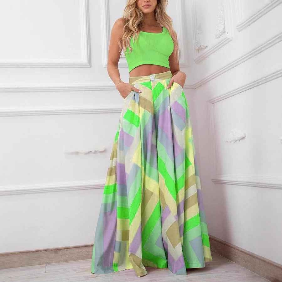 High-Waist Wide-Leg Spandex Pants – Pockets, Bold Colours