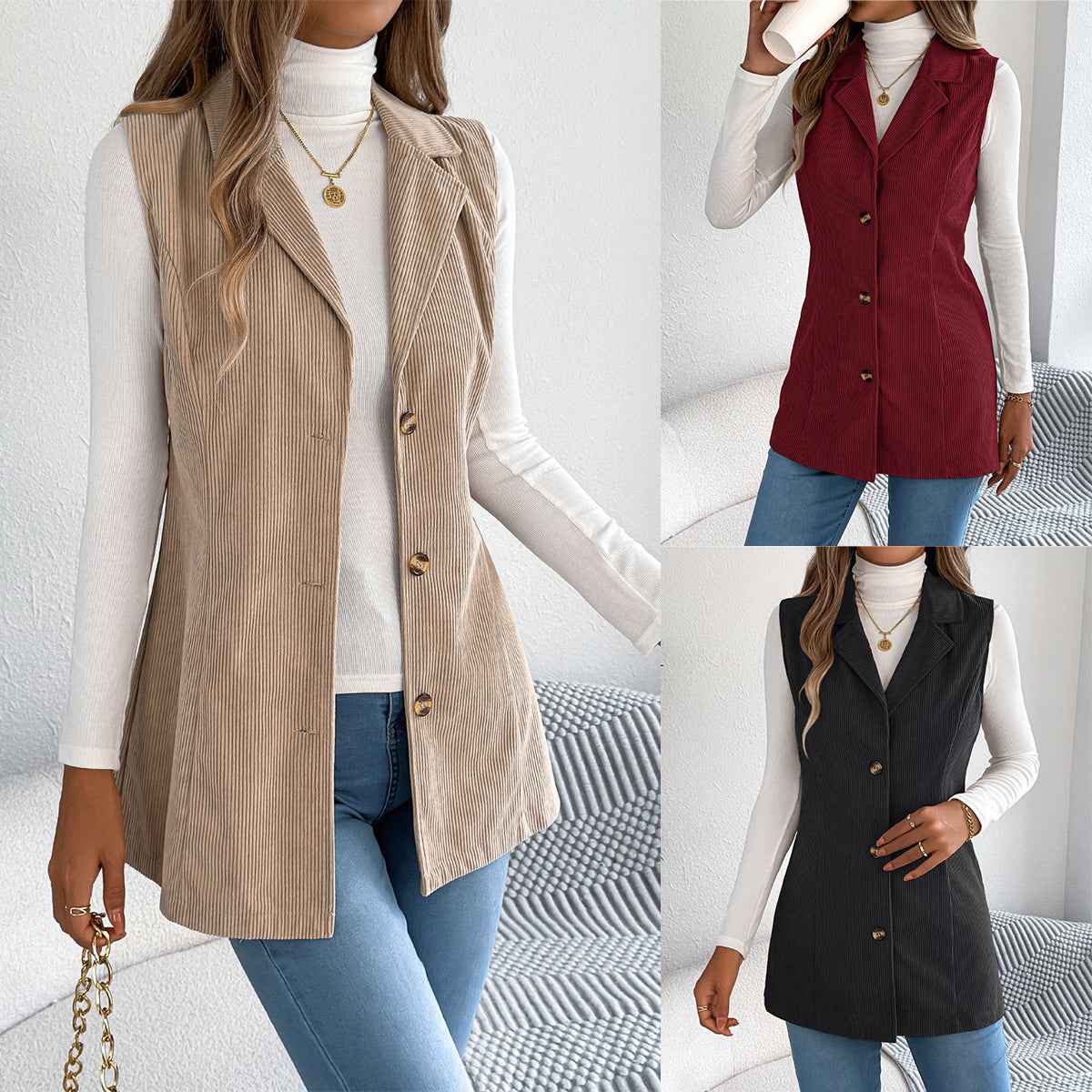 Corduroy Button-Front Cardigan Jacket — Suit Collar