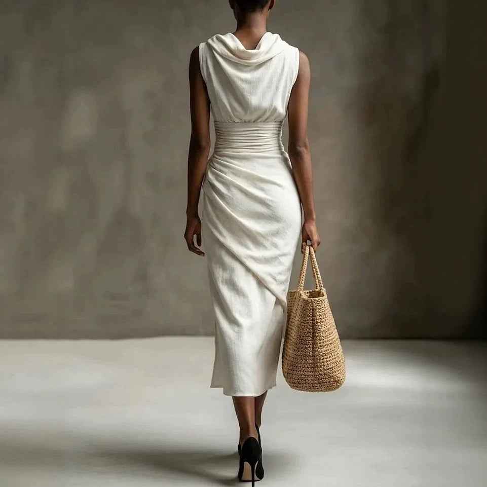 Sleeveless High-Waist Pleated Ruched Backless Slit Cotton-Linen Maxi Dress