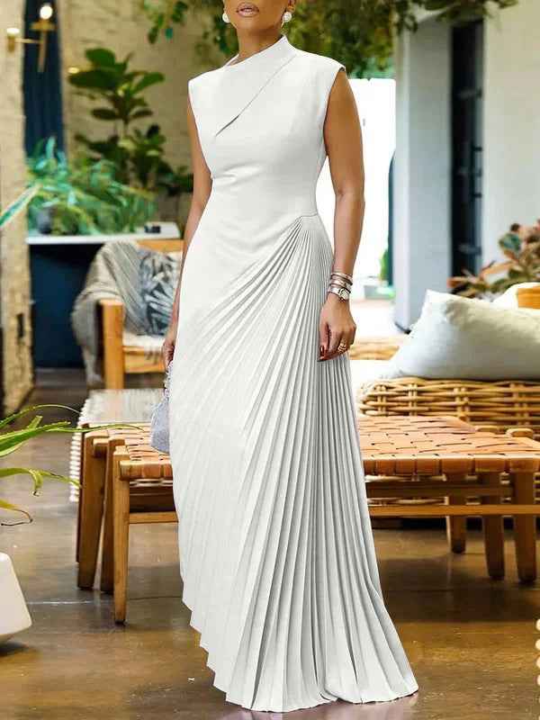 Womens Solid Color Sleeveless Solid-Color Pleated Dress