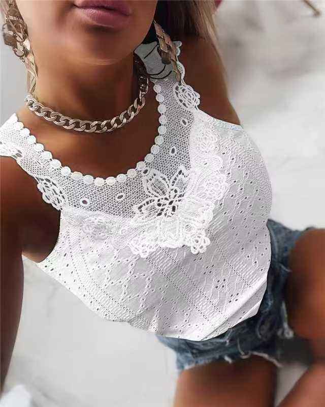 Lace Trim Jacquard Vest – Slim Fit Sleeveless Top
