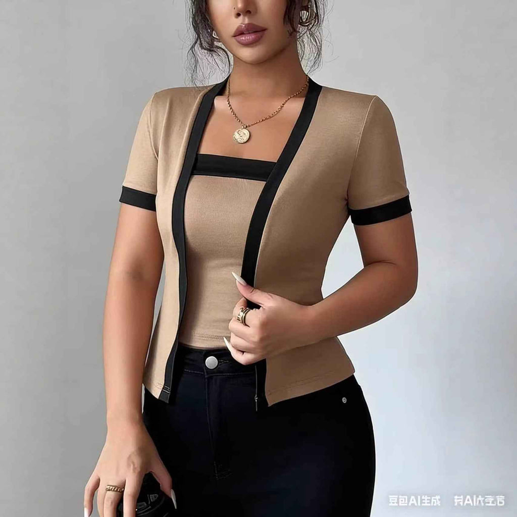 Patchwork Mock Two-Piece Slim Knit Top