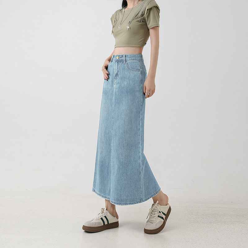 Women's High-Waisted A-Line Denim Midi Skirt