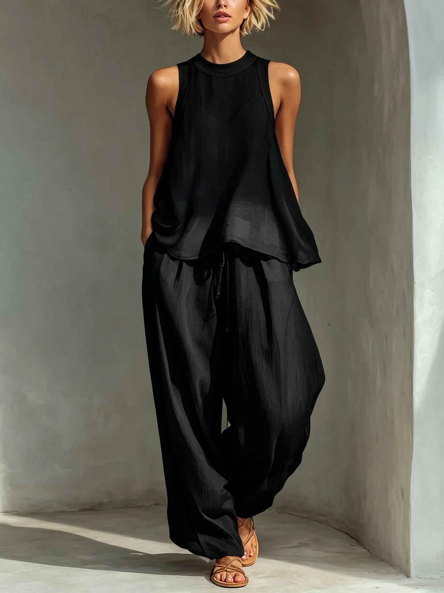 Women's Sheer Chiffon Tank & Wide-Leg Pants Set — 4 Colours, S–3XL