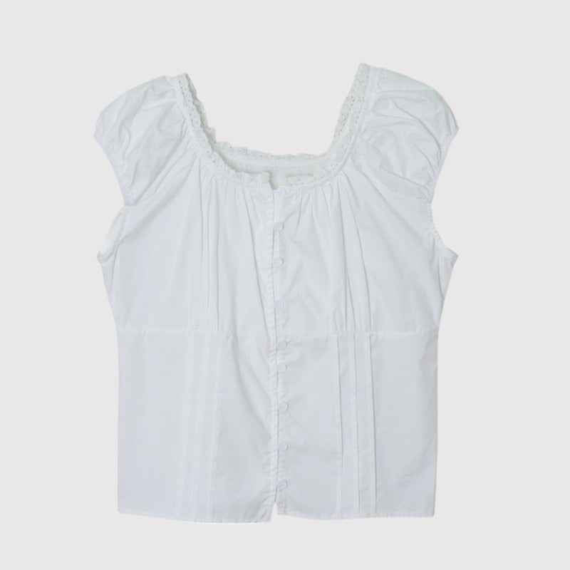 Puff Sleeve Patchwork Blouse — Korean Style, Cotton Blend, Slim Fit