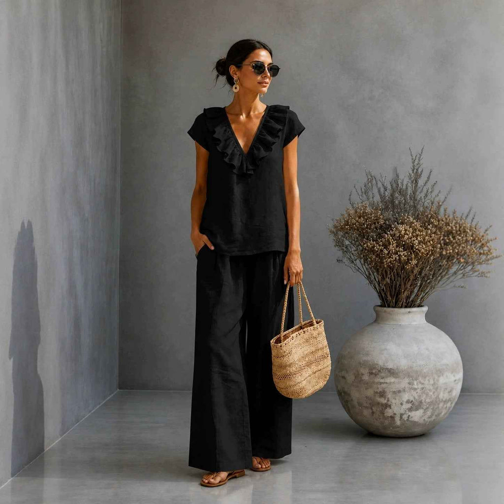 V-Neck Ruffled Hem T-Shirt & Wide-Leg Pants Set — 4 Colours