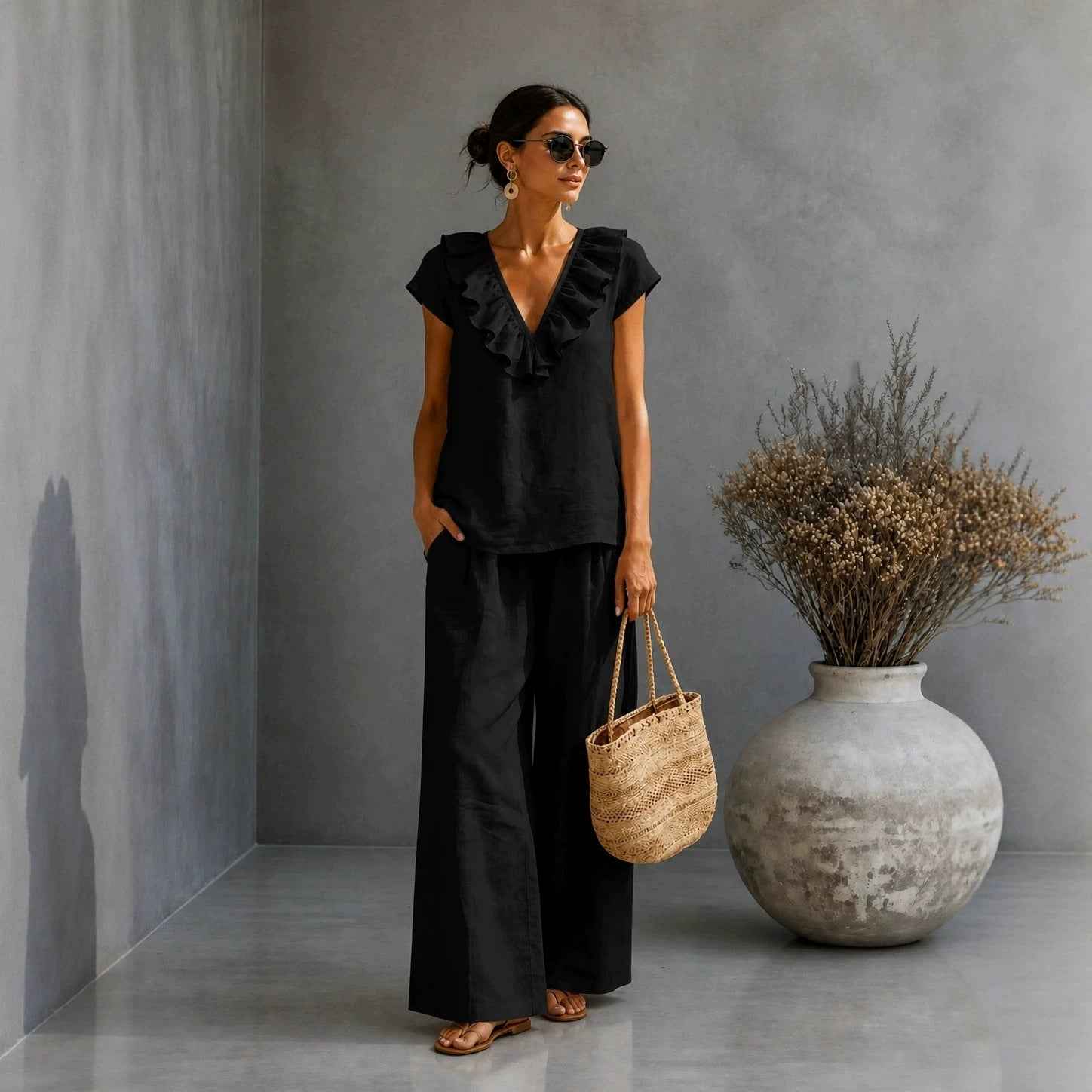 V-Neck Ruffled Hem T-Shirt & Wide-Leg Pants Set — 4 Colours