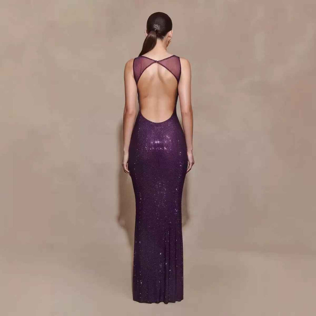 Rhinestone Embellished A-Line Maxi Dress – Tie-Back Luxury