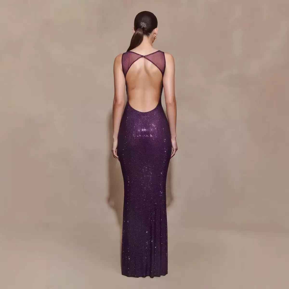 Rhinestone Embellished A-Line Maxi Dress – Tie-Back Luxury