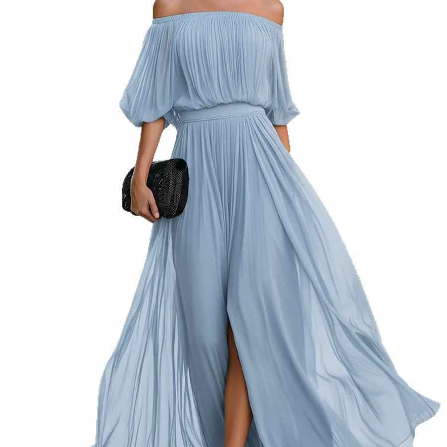 Off-Shoulder Pleated Chiffon Midi Dress — Short Sleeve Slim-Fit