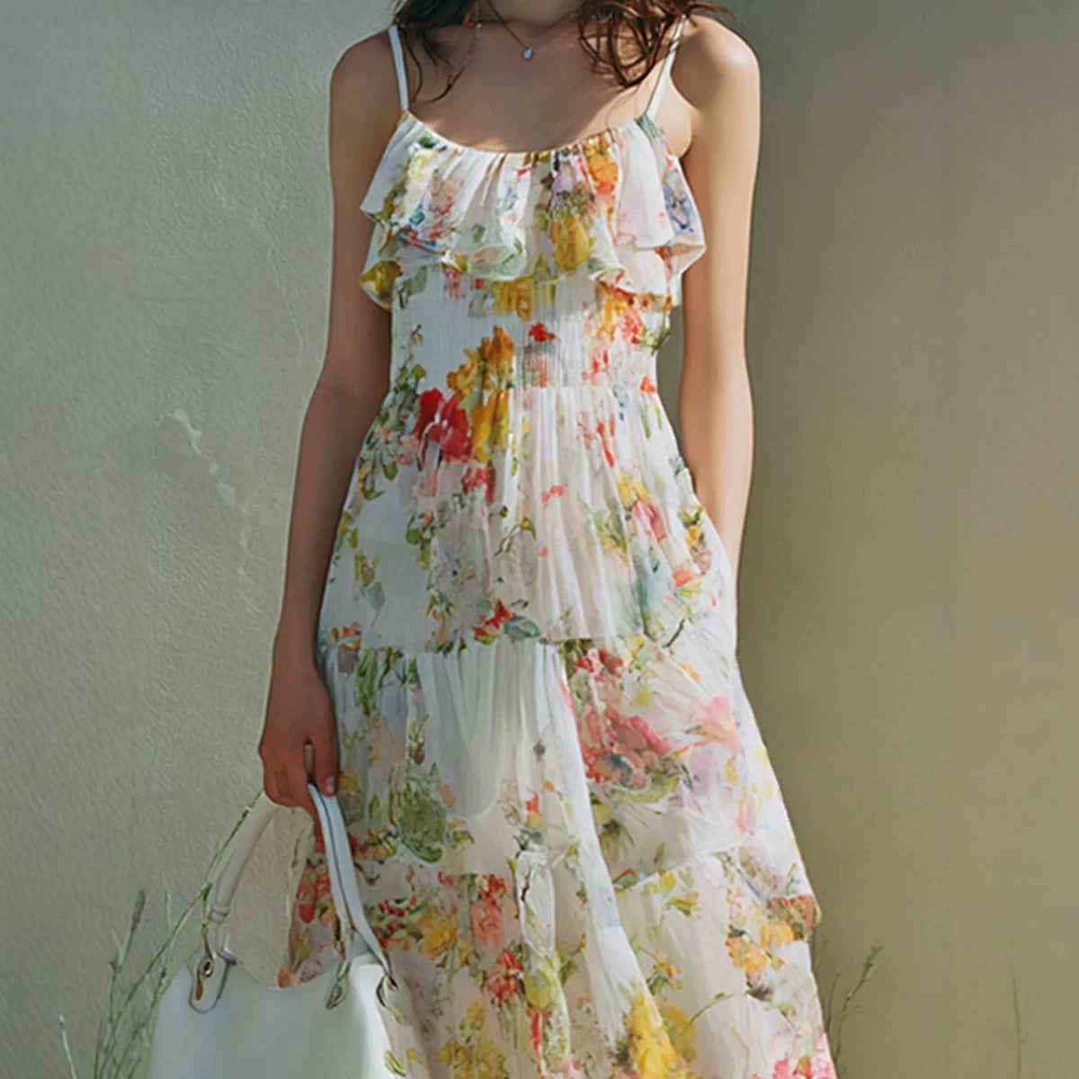 Summer Dress With A Long Bow Floral Print And Layered Chiffon