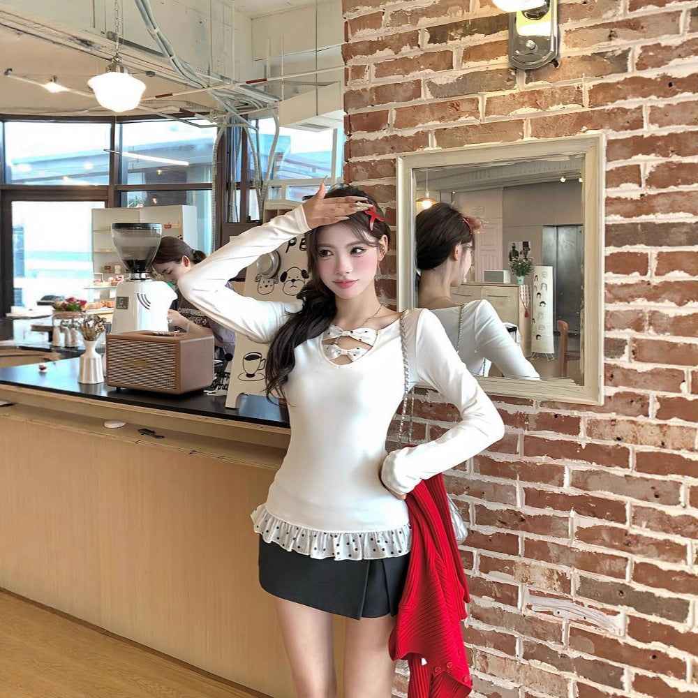 Cotton Lace-Spliced Long-Sleeve Top — Sweet Korean Style