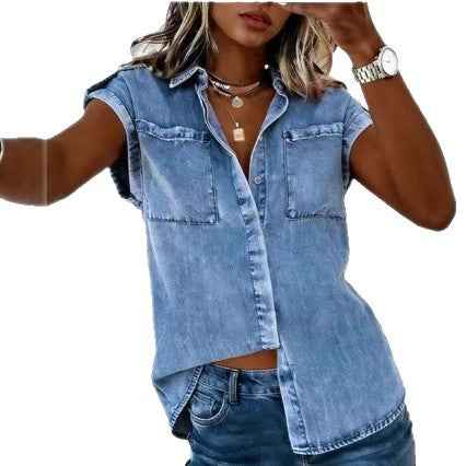 Denim Patchwork Princess Sleeve Shirt – Light Blue Summer Top