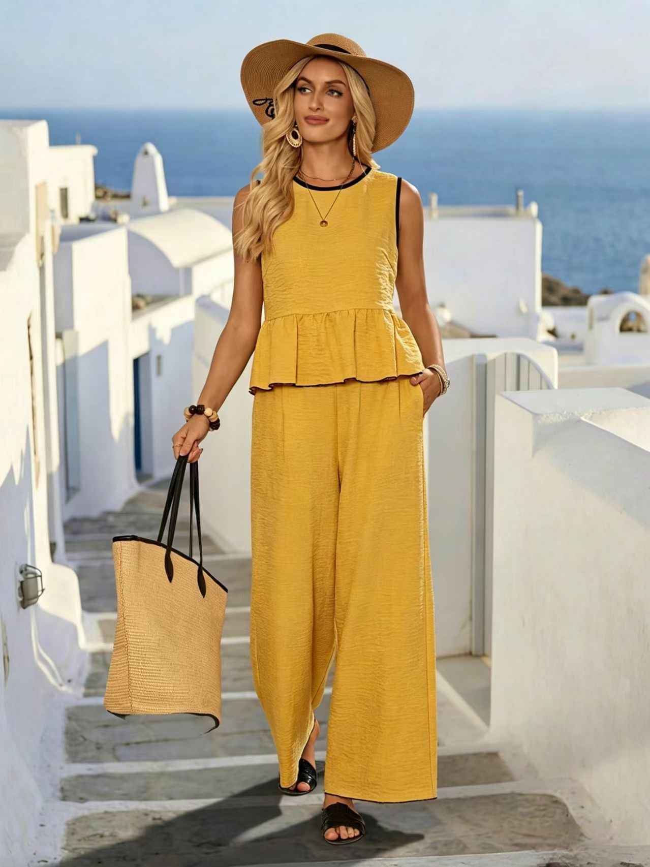 Sleeveless Chiffon Top & Wide-Leg Cropped Trousers Set