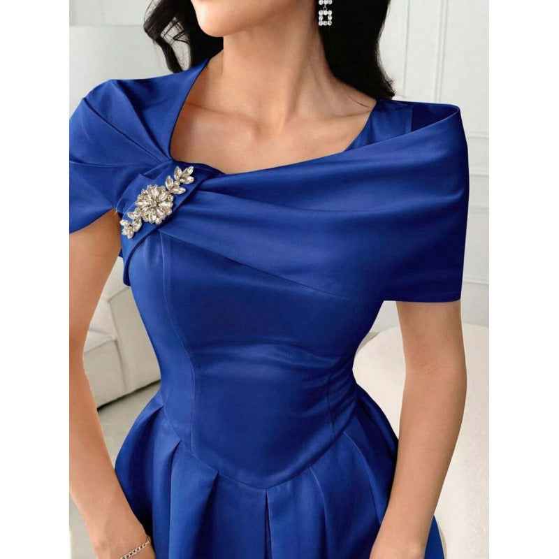 Asymmetric Diamond-Embellished Short-Sleeve Dress — Slim Fit, Elegant