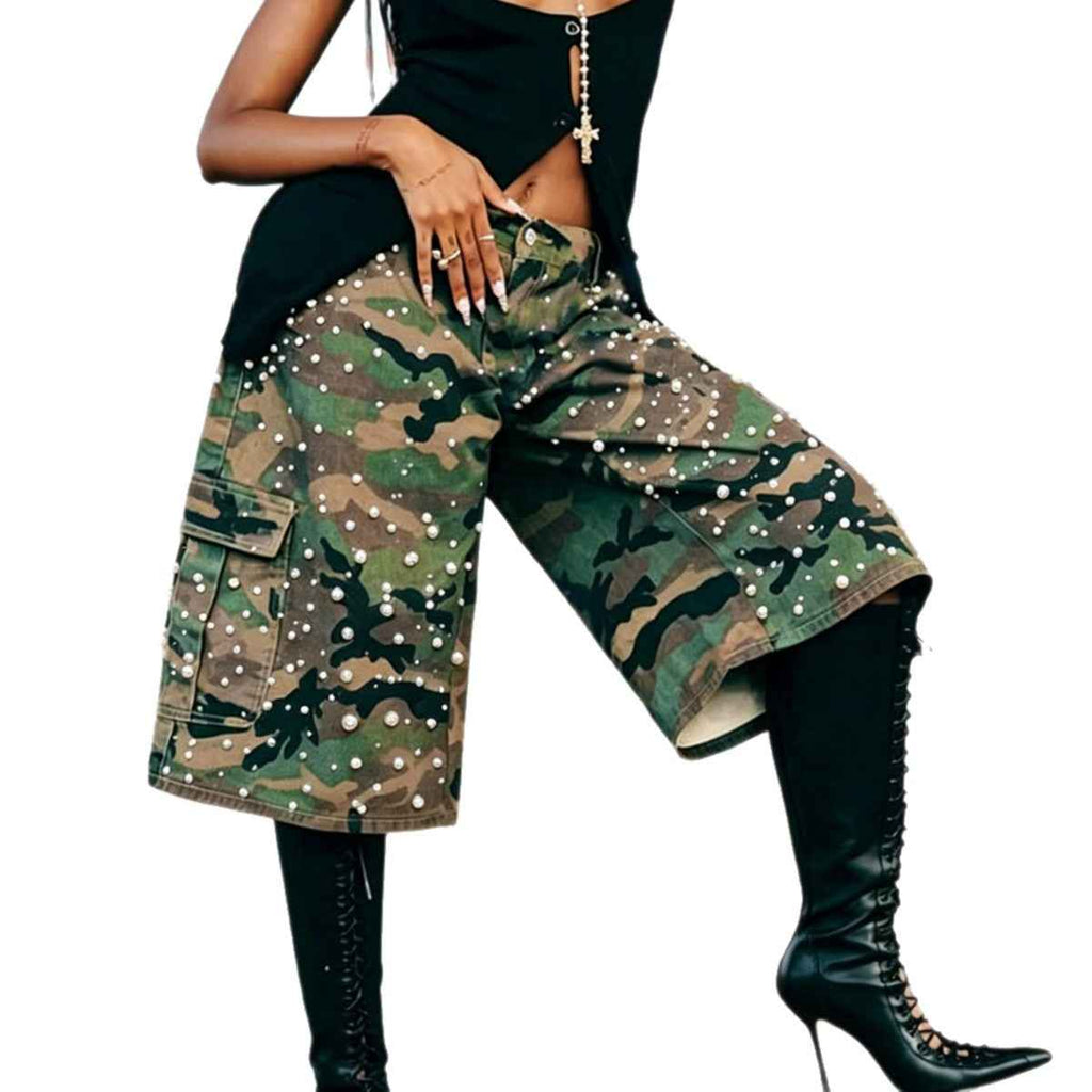 Women's Camouflage Cargo Capri Pants — Pearl & Rhinestone Detail