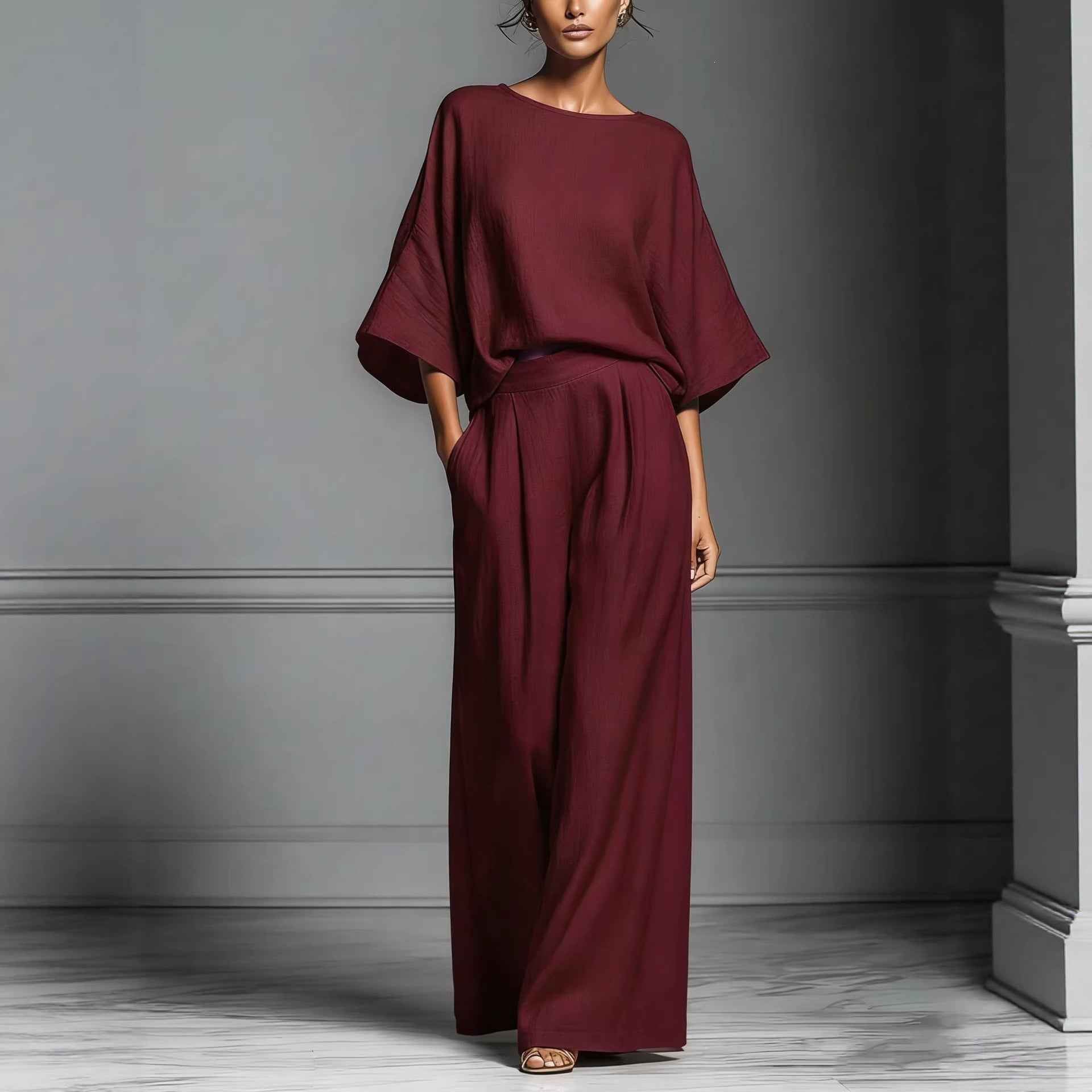 Summer New Arrival Womens Casual Fashionable And Elegant Linen Set With Flared Sleeves