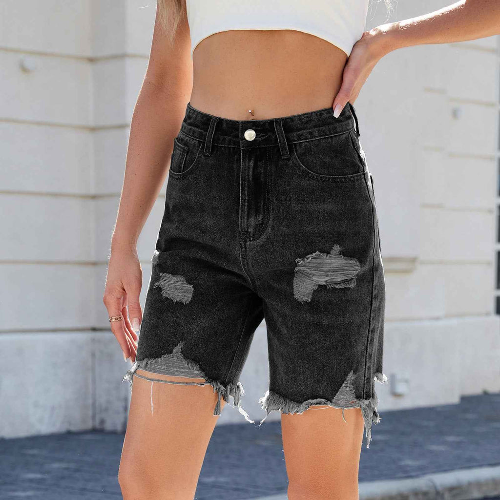 Washed Casual Ripped Denim Shorts Trendy Three-quarter Length