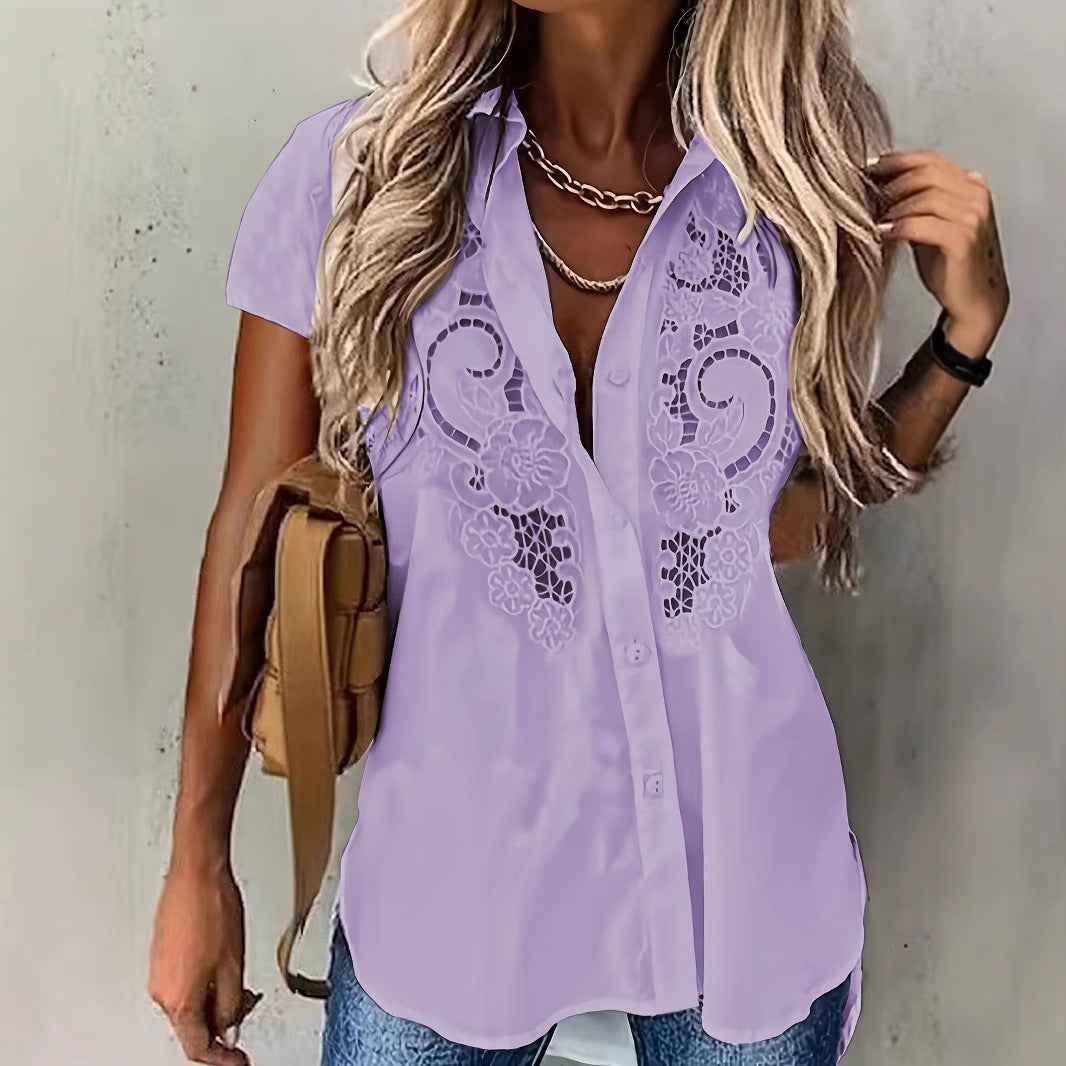 Women's Embroidered Hollow-Out Short-Sleeve Blouse — 3 Colours