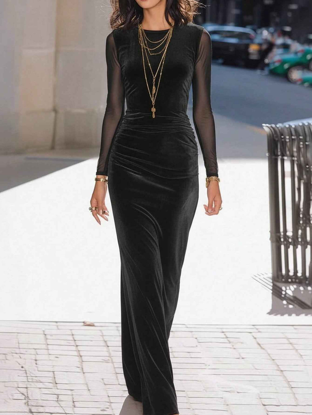 Black Velvet And Mesh Long-sleeve Dress