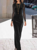 Black Velvet And Mesh Long-sleeve Dress