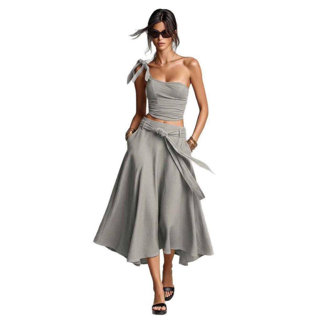 Off-Shoulder Strap Top With Slanted Shoulders High-Waisted A-Line Long Skirt Womens Set