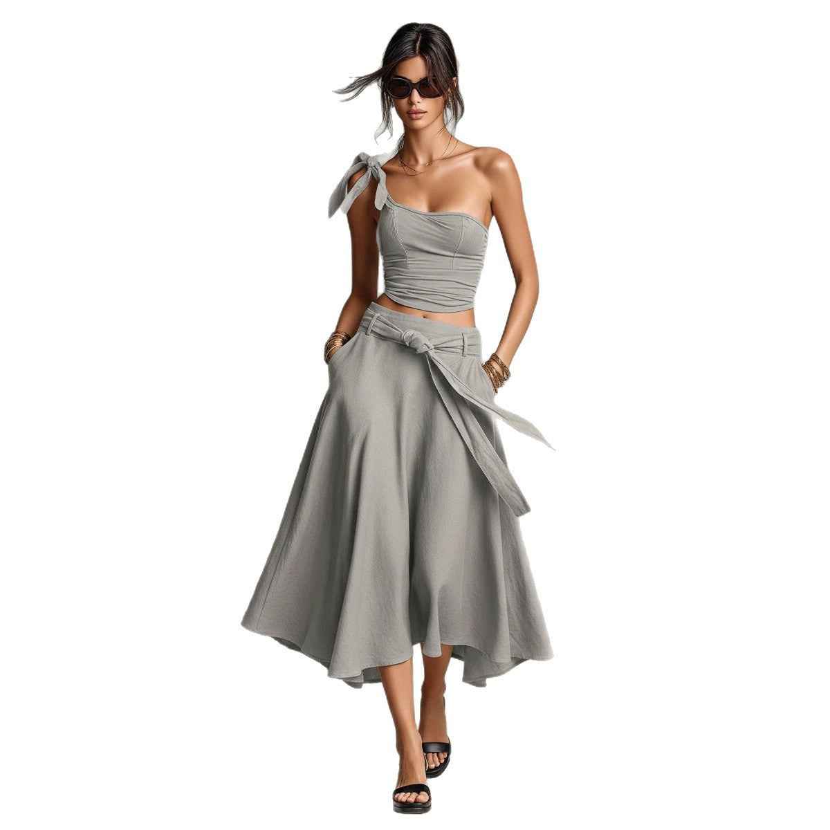 Off-Shoulder Strap Top With Slanted Shoulders High-Waisted A-Line Long Skirt Womens Set